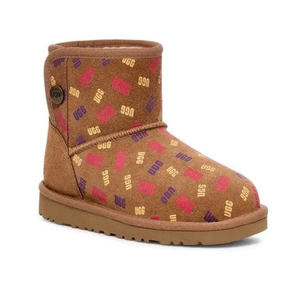 UGG Chestnut Mini Boot with Red, Purple & Gold Logo Print